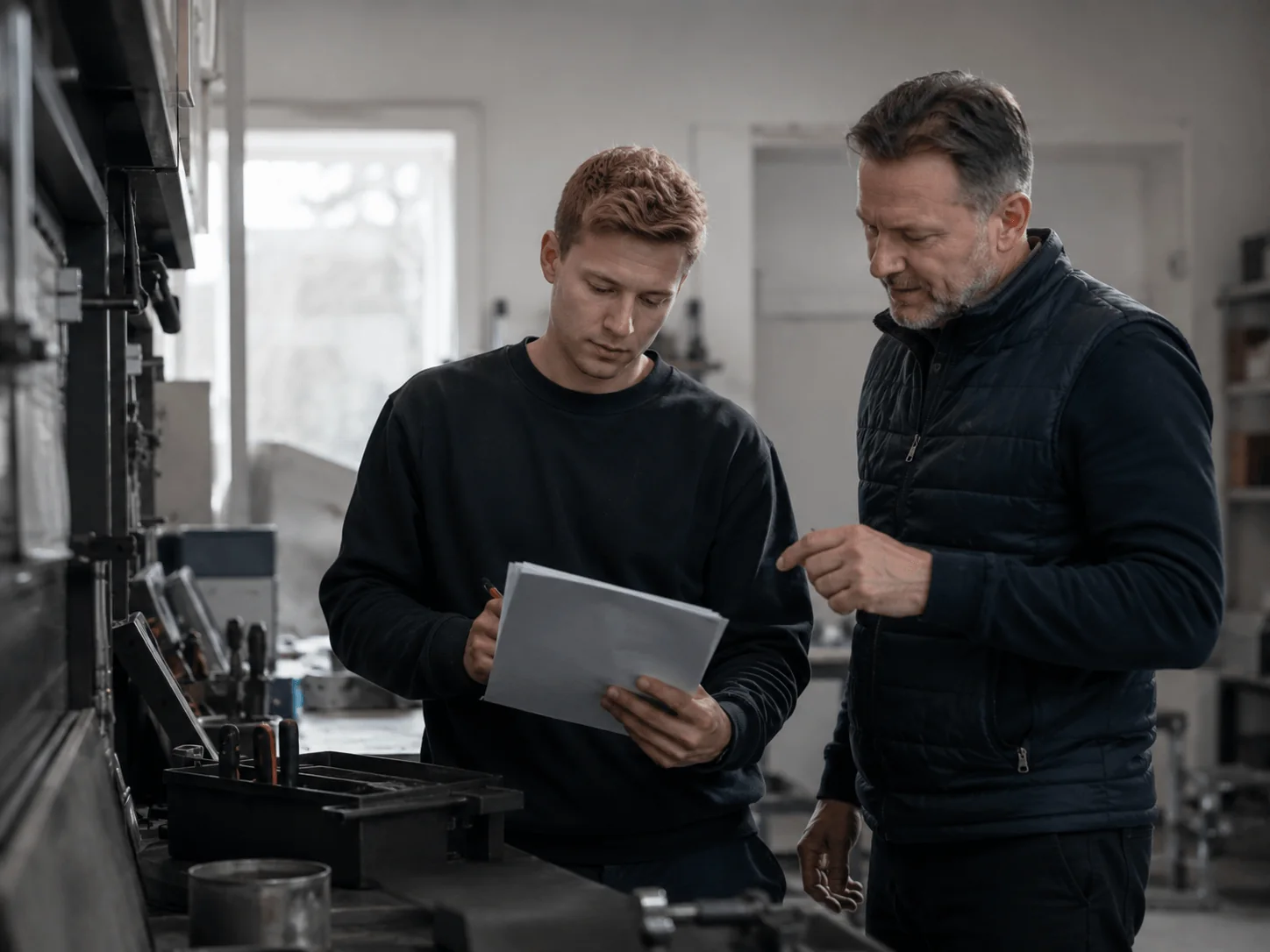 A new employee using written guidance while a supervisor supports the task